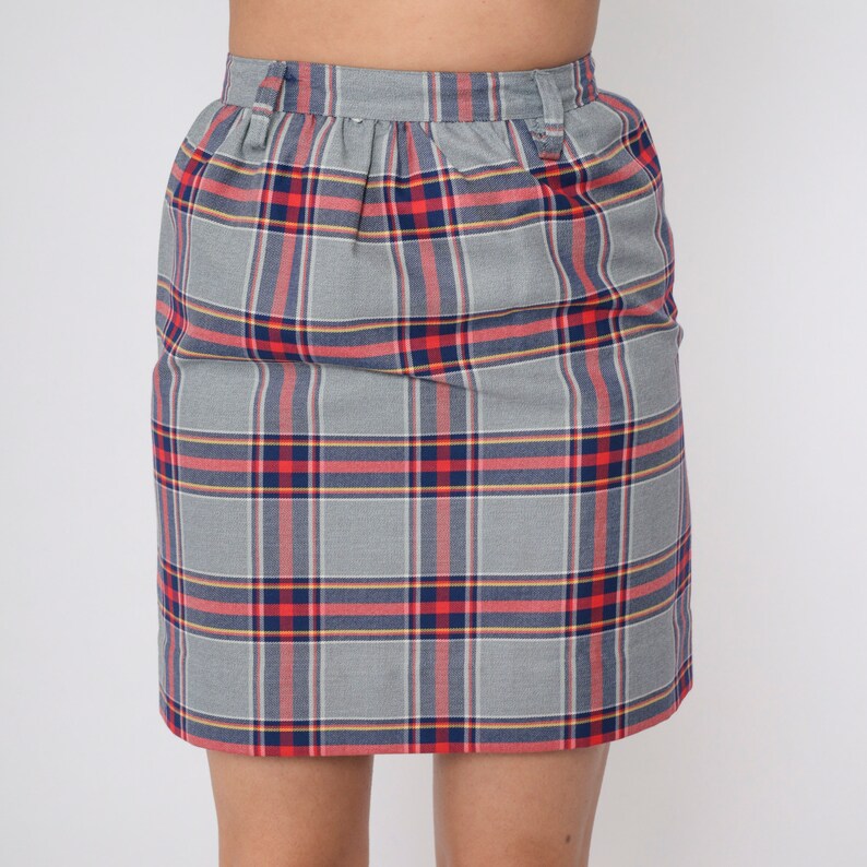 70s Plaid Skirt Grey Mini Skirt Checkered High Waist Pencil Preppy Secretary Academia Red Blue Tartan Vintage 1970s Small 4 image 3