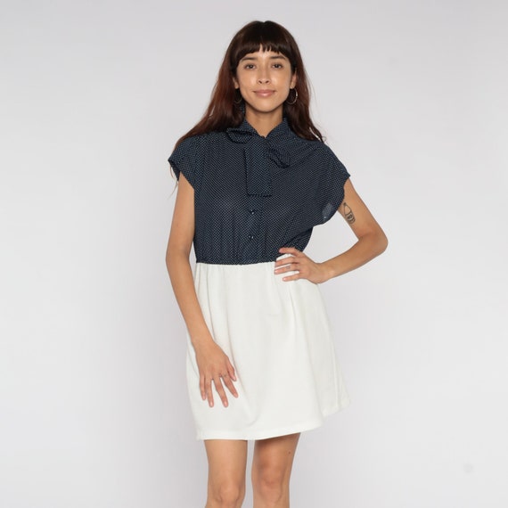 70s Mini Dress Blue White Ascot Necktie Secretary Polka Dot Dress High Waist Button Up Bohemian Bow Vintage Cap Sleeve Medium Large