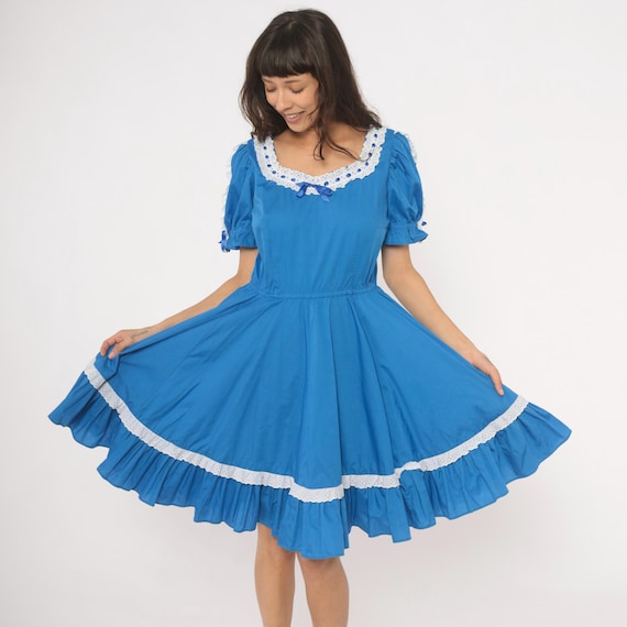 Blue Square Dance Dress 80s Puff Sleeve Eyelet Lace Trim Bow Cotton Fit Flare Prairie Sweetheart Neckline Gathered Skirt White Small S