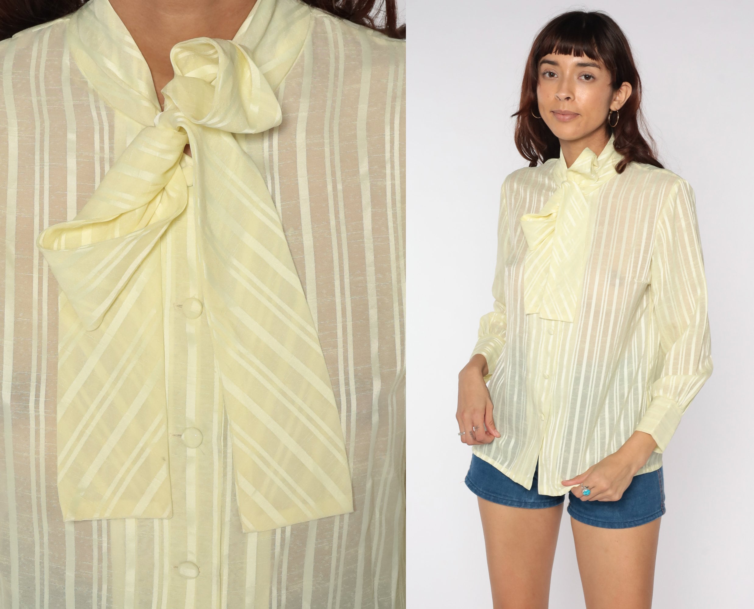 ShopExile Sheer Ascot Blouse 80s Yellow Neck Tie Top Striped Vintage Secretary Shirt Button Up Boho Long Sleeve Bohemian 1980s Vintage Medium