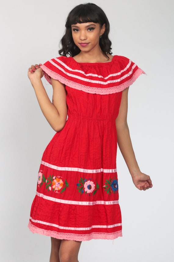 Red Bohemian Dress Midi OFF SHOULDER Dress Mexica… - image 3