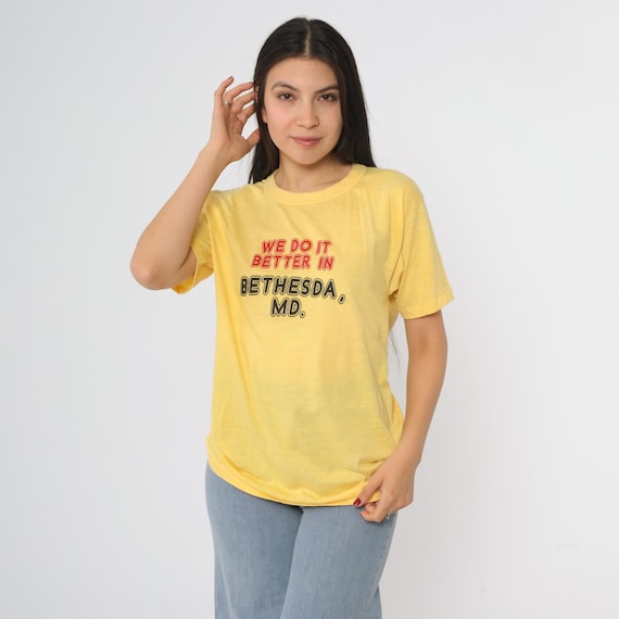 Bethesda Maryland Tshirt 80s Yellow We Do It Better In Graphic Tee Red Black Text Vintage Sneakers Brand USA Made Cotton Poly Large