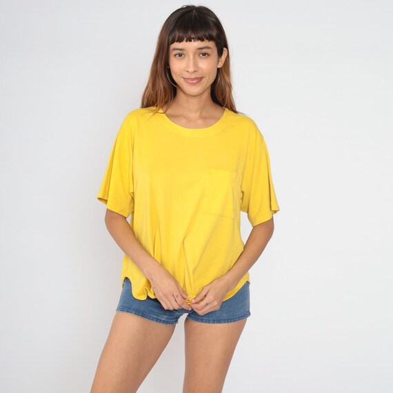 Yellow Pocket Tee 90s T Shirt Retro Plain TShirt Solid Color T-Shirt Minimalist Top Basic Shirt Blank Shirt Vintage 1990s 1x xl