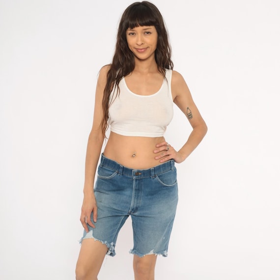 80s Levis Cut Off Shorts Denim Jean Bermuda Faded Blue Distressed Frayed Hem Mid Rise Relaxed Fit Cutoffs Summer Vintage Waist 34 Large L