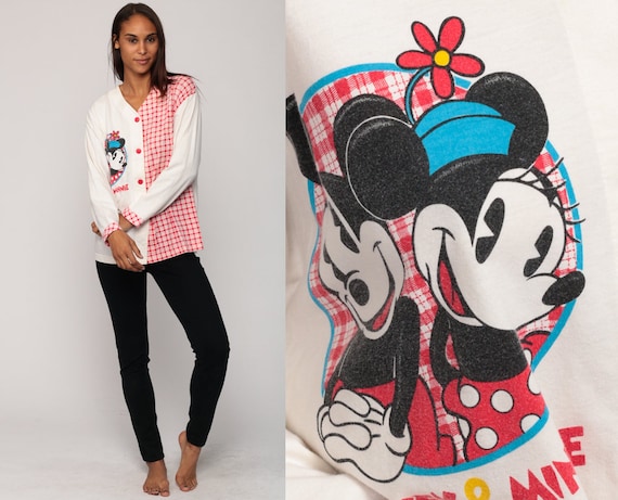 Disney Pajama Shirt MICKEY + MINNIE Mouse Sleep Shirt Pajama Button Up 80s Night Shirt PJs Retro Vintage Adult Pajamas Red Large