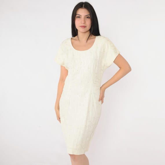 Vintage Cream Pearl Beaded Dress 90s Soutache Sheath Dress Mini Dress Pencil Wiggle Dress Secretary Knee Length Short Sleeve Small
