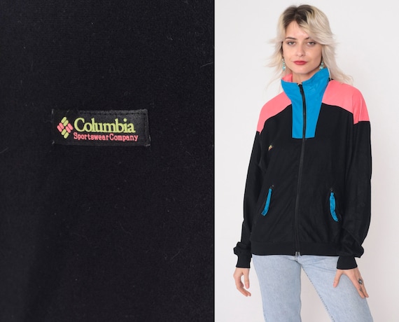 Black Columbia Jacket 90s Hiking Zip Up Funnel Neck Windbreaker 1990s Hot Pink Blue Color Block Vintage Retro Vintage Sportswear Small S