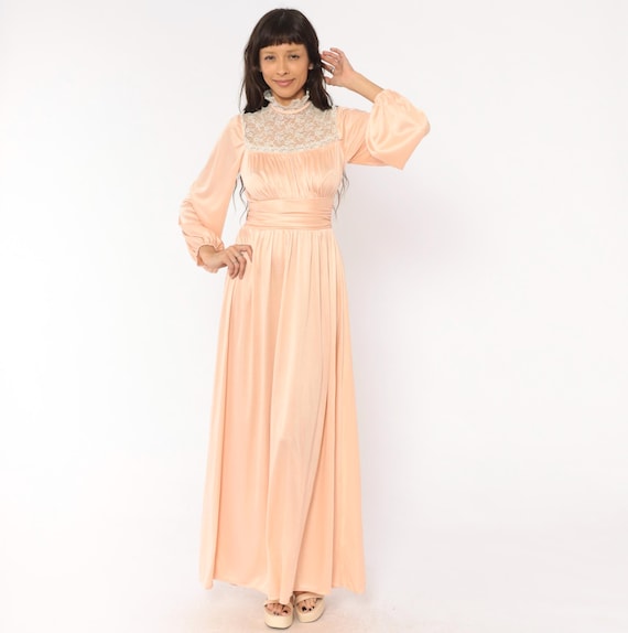 70s Peach Lace Dress Gown High Neck Blush Long Sleeve Victorian Prairie Ruffle Collar Satin Bridesmaid Romantic Coquette Fairy Pink Small S