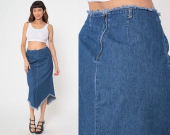 Asymmetrical Denim Skirt Y2K Frayed Hem Midi Jean Skirt Vintage