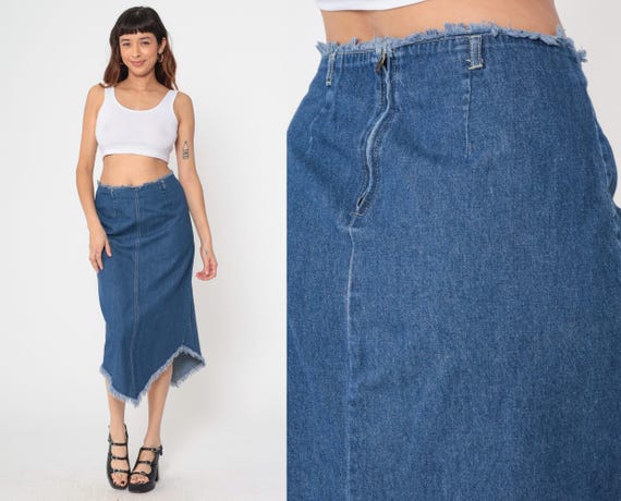 Asymmetrical Denim Skirt Y2K Frayed Hem Midi Jean Skirt Vintage