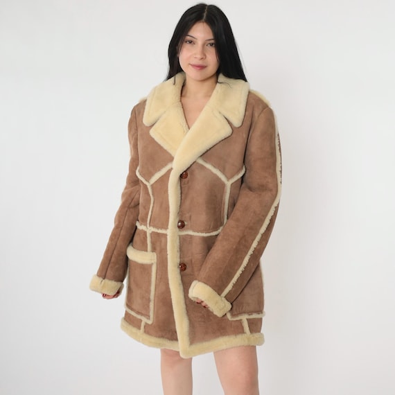 Vintage 70s Shearling Suede Coat Boho Button Up Bohemian Patchwork Seams Western Cream Sherpa Collar Brown Oversized Men's 40 Medium