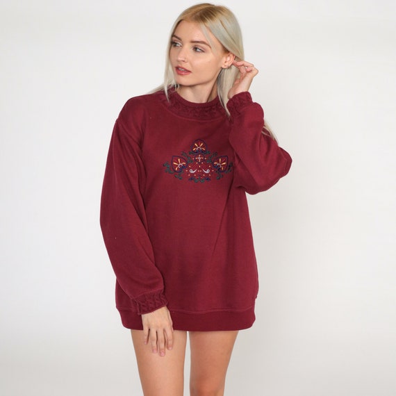 Embroidered Leaf Sweatshirt 90s Burgundy Paisley Sweater Grunge Slouchy Pullover Retro Botanical Loungewear Vintage 1990s Large