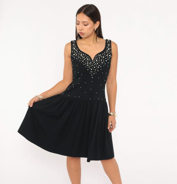 Pearl Beaded Black Dress 80s Sweetheart Neckline Fit Cocktail Party Drop Waist Rhinestone Embellished Evening Gown Gothic Romantic Medium M