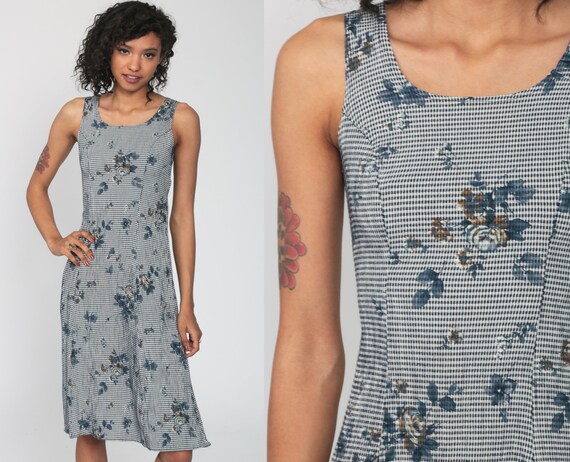 Floral GRUNGE Dress 90s Gingham Midi Dress Sleeveless Boho Blue Festival Rayon 1990s Vintage Flower Print Summer Sheath Extra Small xs
