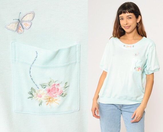80s Floral Embroidered Shirt Vintage Aqua Blue Butterfly Top Short Sleeve Slouchy Retro 1980s Romantic Pastel Oversized Large