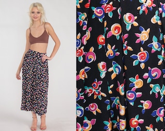 Black Floral Skirt 90s Midi Skirt High Waisted Colorful Flower Rose Print Long Pleated Summer Skirt Retro Hippie Boho Vintage 1990s Small S