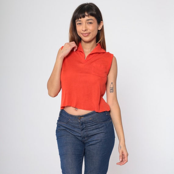 70s Crop Top Bright Red Retro Shirt V Neck Collared Top Raw Hem Chest Pocket Tank Top Sleeveless Shirt Plain Vintage 1970s Cropped Small