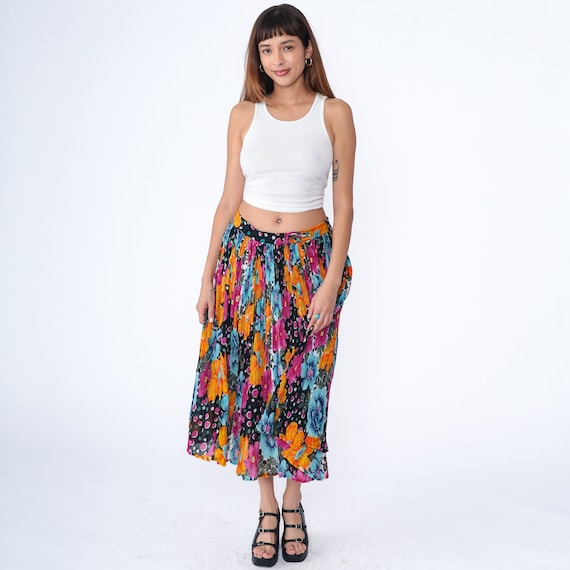 Floral Broomstick Skirt 90s Polka Dot Orange Black Fuchsia Boho Hippie Gauze Skirt 1990s Midi Bohemian Vintage Cotton Skirt Festival Medium