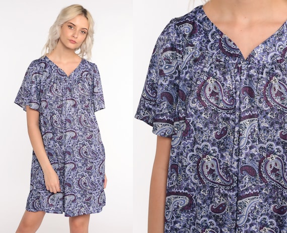 Paisley Mini Dress 90s Tent Dress Summer Lounge Purple Psychedelic Dress 1990s Short Sleeve Vintage Large L