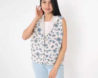 Vintage 90er Jahre Gesteppte Blumen Weste Weiß Blau Knopfleiste Boho Weste Weste mit Kragen Boho Weste Medium M