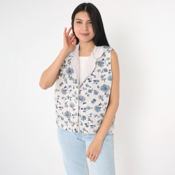 Vintage 90s Quilted Floral Vest White Blue Button Up Front Boho Hippie Vest Collared Bohemian Vest Medium M