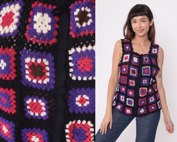 Granny Square Crochet Vest 70s Afghan Knit Hippie Tank Top Boho Vest Open Weave Patchwork Bohemian 1970s Black Pink Purple Hippy Small