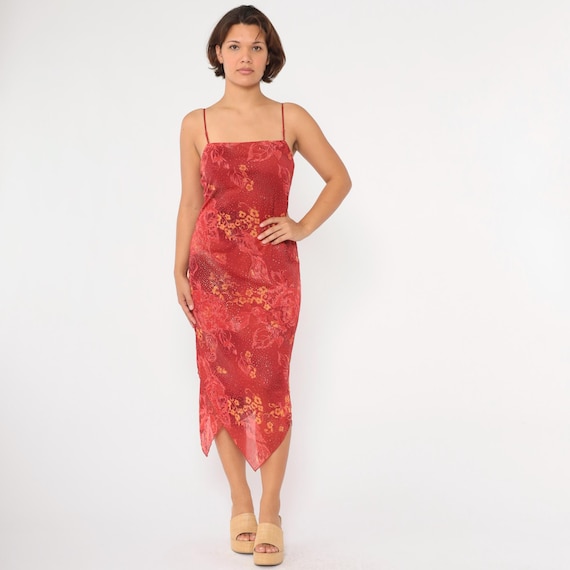 Y2K Glittery Floral Dress Red Sparkly Chiffon Hanky Hem Going Out Sundress Midi Tight Bodycon Summer Spaghetti Strap Vintage 00s Medium
