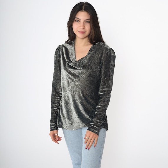 Metallic Silver Top 70s Blouse Cowl Neck Shirt Disco Top Long Puff Sleeve Semi-Sheer Party Glam Vintage 80s Small S