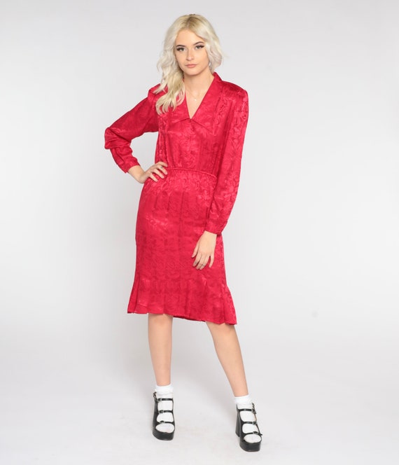 Red Silk Dress 80s Floral Midi Dress Shirtdress P… - image 2