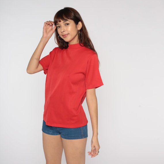 70s Mod Shirt Red Mock Neck Ribbed Top 1970s Plain Blouse Vintage Short Sleeve Shirt Blank Basic Top Seventies Medium Large
