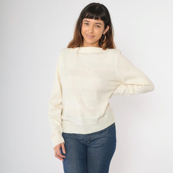 Vintage Lacoste Boatneck Sweater 80s Textured Cream Acrylic Pullover Izod Boat Neck Sweater Plain Knit Jumper 1980s Medium 38