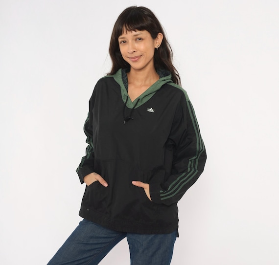 90s Adidas Pullover Windbreaker Black Olive Green Three Stripe Hooded Anorak Kangaroo Pocket V Neck Streetwear Jacket Vintage Large L