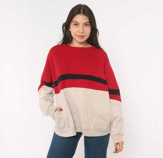 80s Distressed Color Block Sweatshirt Red Cream Black Stripe Pullover Sporty Athletic Vintage Relaxed Fit Boxy Drop Shoulder Unisex Large L