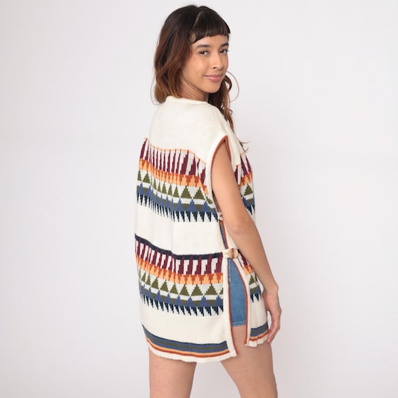 70s Geometric Sweater Vest Sleeveless Tribal Cream Ivory Orange Blue Green Burgundy Knit Tunic Mini Dress Vintage Southwestern Hippie Large