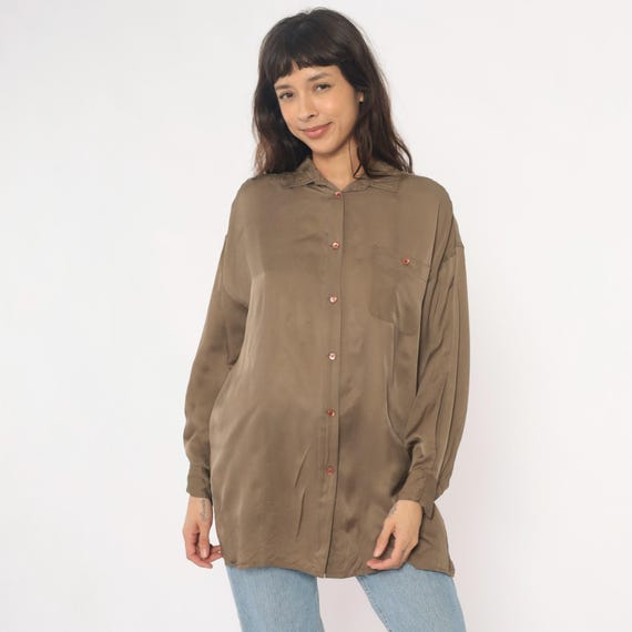 90s Silk Shirt Olive Khaki Button Front Long Sleeve Collared Blouse Vintage Neutral Minimalist Office Top Chest Pocket Brown Medium M