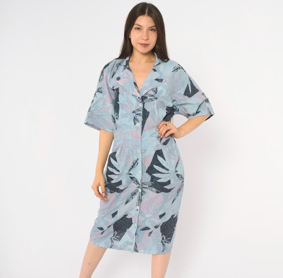 90s Tropical Leaf Dress Blue Pink Navy Cotton Button Front Short Sleeve Shirtdress Waist Pockets Hawaiian Summer Beach Vacation Large L