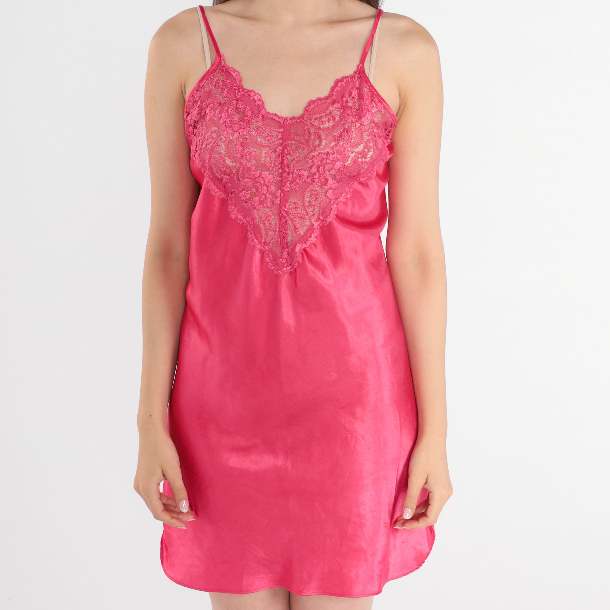 Pink Satin Slip Dress 90s Lingerie Mini Dress Retro Sheer Lace ...