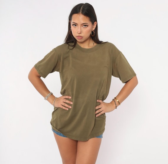 Y2K Olive T Shirt Duke Tee Khaki Green Short Sleeve Boxy Plain Basic Top 2000s Military Gorpcore Solid Unisex Womens Mens Vintage Medium M
