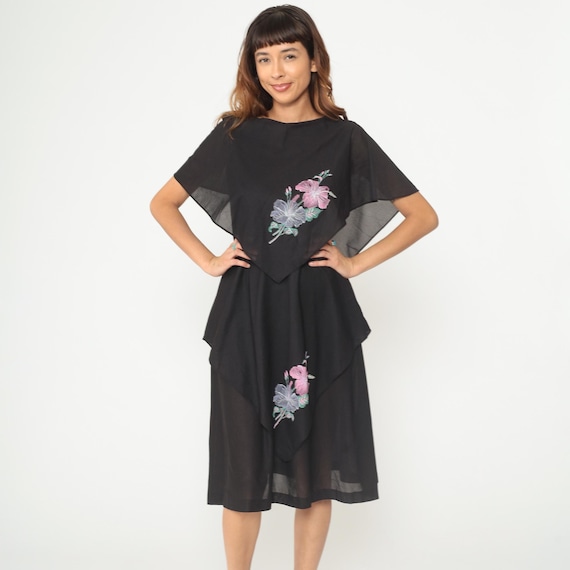 Vintage Tiered Capelet Dress 80s Black Tropical Floral Midi Dress Party Grecian Draped Flowy Flutter Sleeve V Back 1980s Medium M