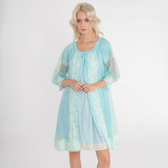Sheer Blue Robe 70s Lingerie Jacket White Floral Lace Trim Open Tie Front Mini Pegnoir Pastel Nylon Romantic Boudoir 1970s Vintage Medium M
