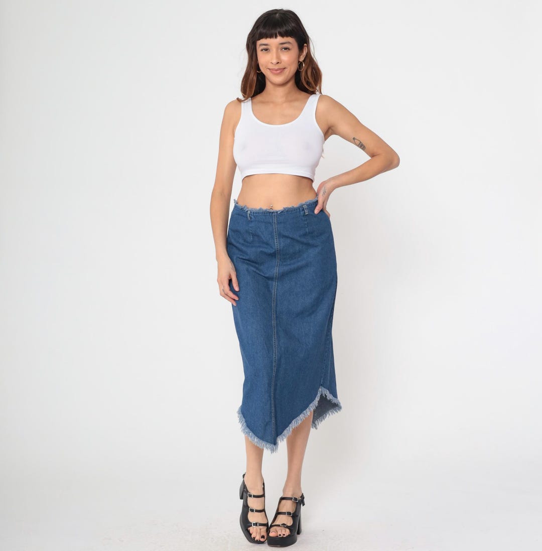 Asymmetrical Denim Skirt Y2K Frayed Hem Midi Jean Skirt Vintage