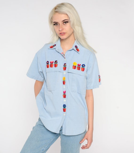 Flower Pot Shirt 90s Floral Chambray Button Up Sh… - image 3