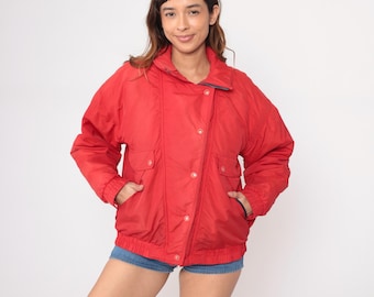 80s Red Ski Jacket Bomber Button Athletic Windbreaker Track Coral Red Quilted Puffer Insulated Sports Vintage Winter Outerwear Medium M