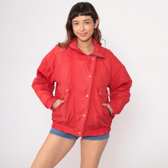 80s Red Ski Jacket Bomber Button Athletic Windbreaker Track Coral Red Quilted Puffer Insulated Sports Vintage Winter Outerwear Medium M