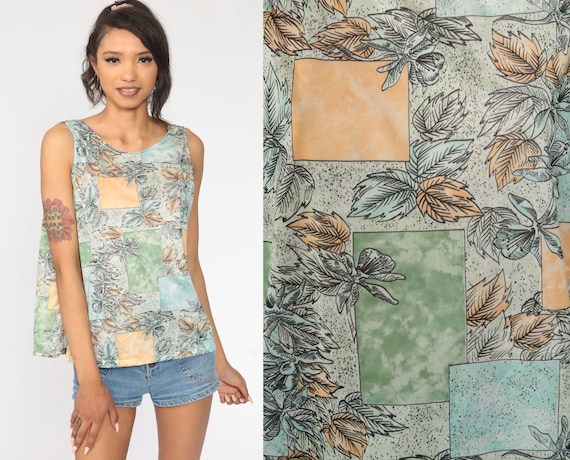 Floral Tank Top 70s Hippie Blouse Boho Shirt Sleeveless Vintage Bohemian Shirt 1970s Tunic Green Color Block Large xl l