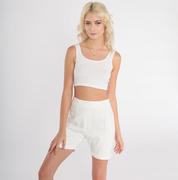 70s Shorts White Cotton Bermuda Shorts High Waisted Shorts Retro Trouser Shorts Plain Pinup Summer Preppy Vintage 1970s Extra Small xs
