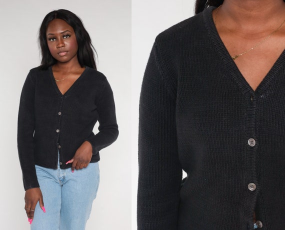Black Cardigan 90s Knit Button up Sweater Plain Basic Solid - Etsy