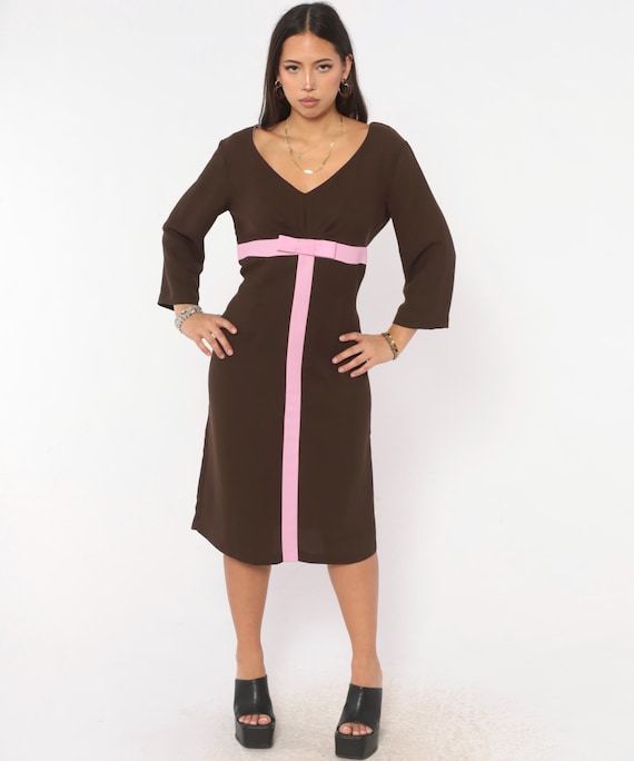 Y2K Brown Sheath Dress Pink Bow Belt V Neck Midi Color Block Empire Waist Robbie Bee Stripe Party Coquette Mod Style Vintage Women Large L