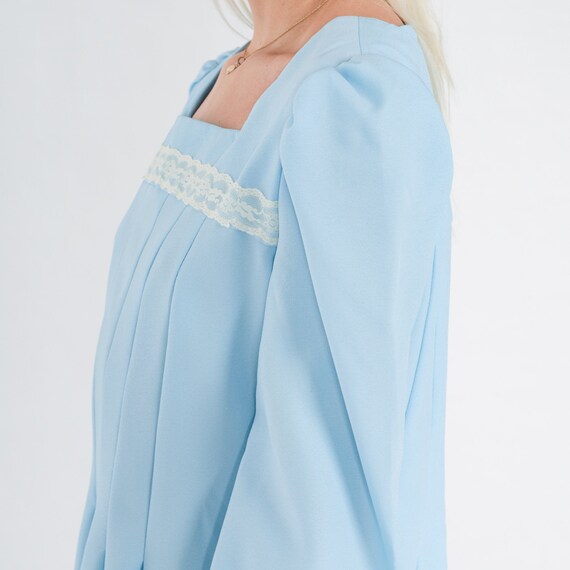 Blue Mini Dress 70s Puff Sleeve Pleated Dress Lac… - image 7
