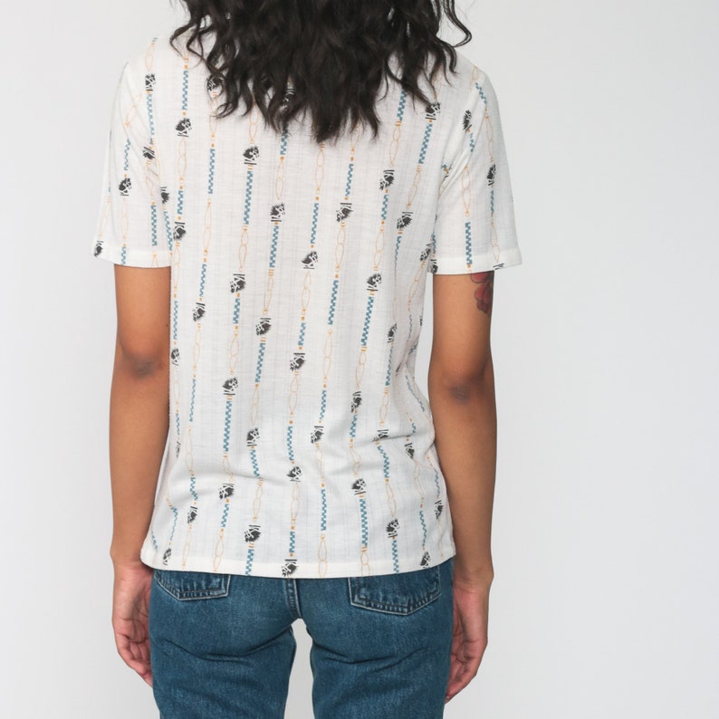 Chess Piece Shirt Horse Print Top Button Up Shirt 70s Top Novelty Blouse High Neck Off-White Short Sleeve Polo Shirt Vintage Geek Nerd Small